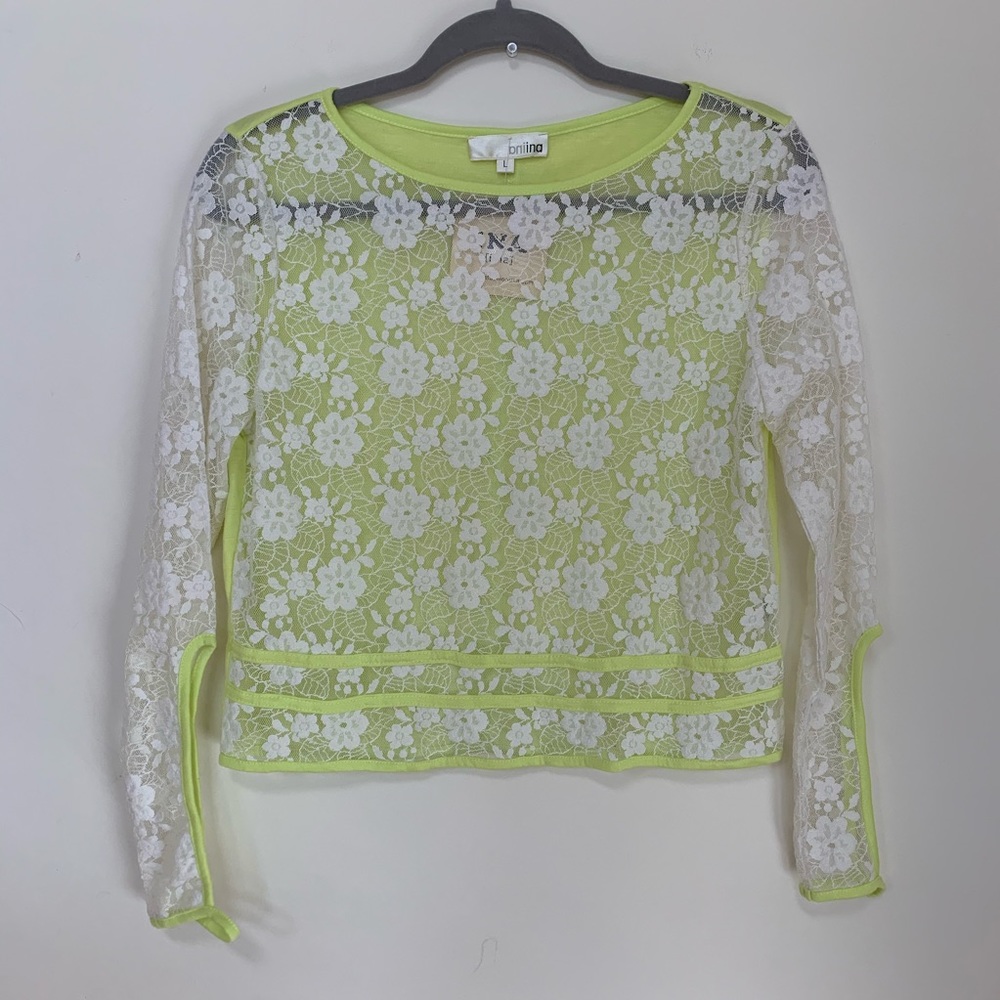 INA Fashion Lace Neon Yellow Long Sleeved Crop Top